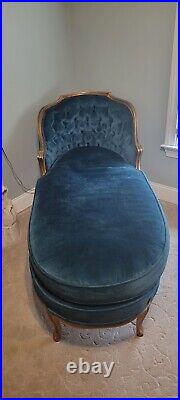Vintage Antique Gorgeous Peacock Blue French Style Upholstered Chaise Lounge