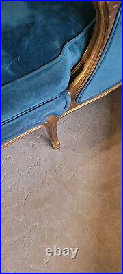 Vintage Antique Gorgeous Peacock Blue French Style Upholstered Chaise Lounge