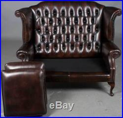 Vintage Antique Style Brown Leather Tall Back Leather Love Seat Sofa Wing Back