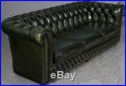 Vintage Antique Style Green Leather Chesterfield Sofa Couch English Tufted FS