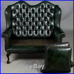 Vintage Antique Style Tall Wing Back Green Leather Love Seat Sofa Loveseat Couch