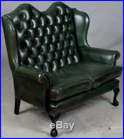 Vintage Antique Style Tall Wing Back Green Leather Love Seat Sofa Loveseat Couch