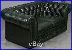 Vintage Antique Style Tufted Green Leather Chesterfield Love Seat Loveseat Sofa