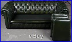 Vintage Antique Style Tufted Green Leather Three Seat Chesterfield Sofa Couch