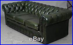 Vintage Antique Style Tufted Green Leather Three Seat Chesterfield Sofa Couch