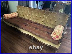 Vintage Antique Wood Tufted Mixed Velvet Couch