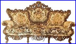 Vintage Baroque Rococo Style Victorian Carved Wood And Brocade Fabric Sofa