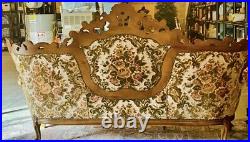 Vintage Baroque Rococo Style Victorian Carved Wood And Brocade Fabric Sofa