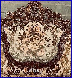 Vintage Baroque Rococo Style Victorian Carved Wood And Brocade Fabric Sofa