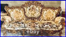 Vintage Baroque Rococo Style Victorian Carved Wood And Brocade Fabric Sofa