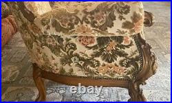 Vintage Baroque Rococo Style Victorian Carved Wood And Brocade Fabric Sofa