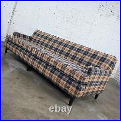 Vintage Blue Khaki Maroon & Black Plaid Lawson Style Tight Back Sofa