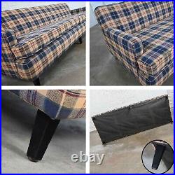 Vintage Blue Khaki Maroon & Black Plaid Lawson Style Tight Back Sofa