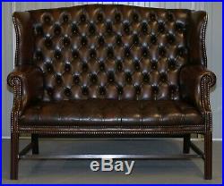 Vintage Brown Leather Chesterfield Fully Tufted Wingback Two Seat Sofa Armchair