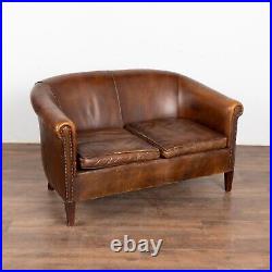 Vintage Brown Leather Two Seat Sofa Loveseat, France circa 1920