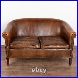 Vintage Brown Leather Two Seat Sofa Loveseat, France circa 1920