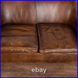 Vintage Brown Leather Two Seat Sofa Loveseat, France circa 1920