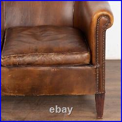 Vintage Brown Leather Two Seat Sofa Loveseat, France circa 1920