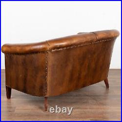 Vintage Brown Leather Two Seat Sofa Loveseat, France circa 1920