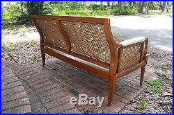 Vintage Cane Settee Love Seat Custom Cushioned Blue White Wooden Small Sofa