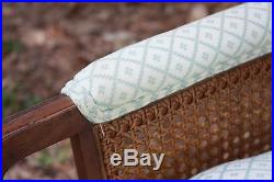 Vintage Cane Settee Love Seat Custom Cushioned Blue White Wooden Small Sofa