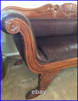 Vintage Caribbean Regency Mahogany Floral Carved Leather Empire Sofa Bali Style