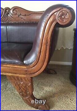 Vintage Caribbean Regency Mahogany Floral Carved Leather Empire Sofa Bali Style
