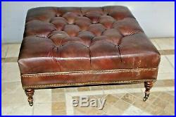 Vintage Chesterfield Ottoman Hickory Furniture Calfskin Leather brass wheels