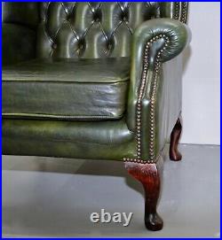 Vintage Chesterfield Queen Anne In Green Lether High Wingback Armchair