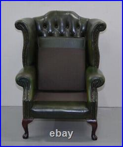 Vintage Chesterfield Queen Anne In Green Lether High Wingback Armchair