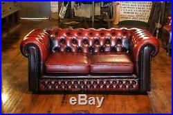 Vintage Chesterfield Sofa tufted button Red Oxblood Leather Love seat couch