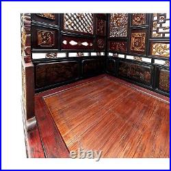 Vintage Chinese Brown Golden Carving Fujian Graphic Canopy Bed cs7618