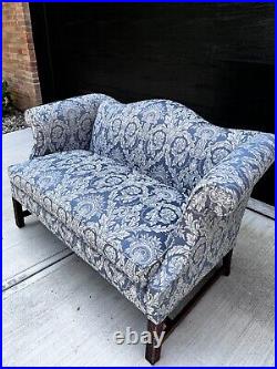 Vintage Chippendale Camelback Settee Loveseat Sofa Blue Silver White