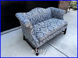Vintage Chippendale Camelback Settee Loveseat Sofa Blue Silver White