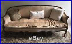 Vintage Curved 1930s Couch with fine wood detailing and new upholstery