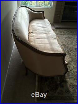 Vintage Curved 1930s Couch with fine wood detailing and new upholstery