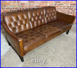Vintage Danish 1970 Patinated Brown Chesterfield Leather Three seater Sofa