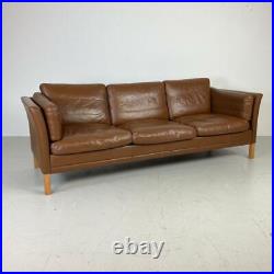 Vintage Danish Brown Leather 3 Seat Sofa Mogensen Style Midcentury #3546