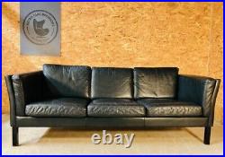 Vintage Danish MID Century Morgans Hansen 3 Person Black Leather Sofa