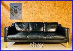 Vintage Danish MID Century Stouby 3 Person Sofa In Black Leather