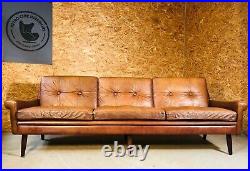 Vintage Danish MID Century Svend Skipper Cognac 3/4 Person Sofa 1966