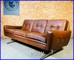 Vintage Danish MID Century Svend Skipper Cognac 3 Person Sofa 1966