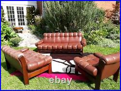 Vintage Danish modern, Scandinavian, Brazilian, leather, 3 piece sofa set