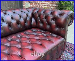 Vintage English Chesterfield Leather Sofa Tufted Seat Oxblood Red Mid-Century #2