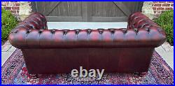 Vintage English Chesterfield Sofa Leather Tufted Seat Oxblood Red Mid-Century #1