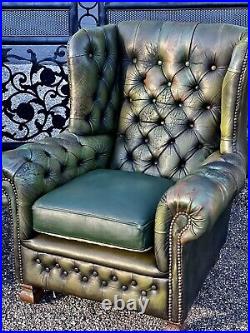 Vintage English Green Leather Chesterfield Sofa And Club Chairs