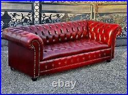 Vintage English Red Tufted Leather Chesterfield Sofa