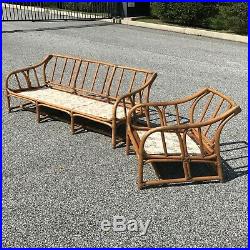 Vintage FICKS REED leather wrapped bamboo rattan sofa & chair