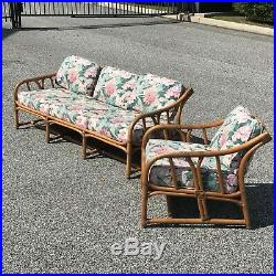 Vintage FICKS REED leather wrapped bamboo rattan sofa & chair