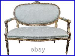 Vintage FRENCH 20th C Louis XVI Style GREEN & GILT Carved SETTEE Chair LOVESEAT